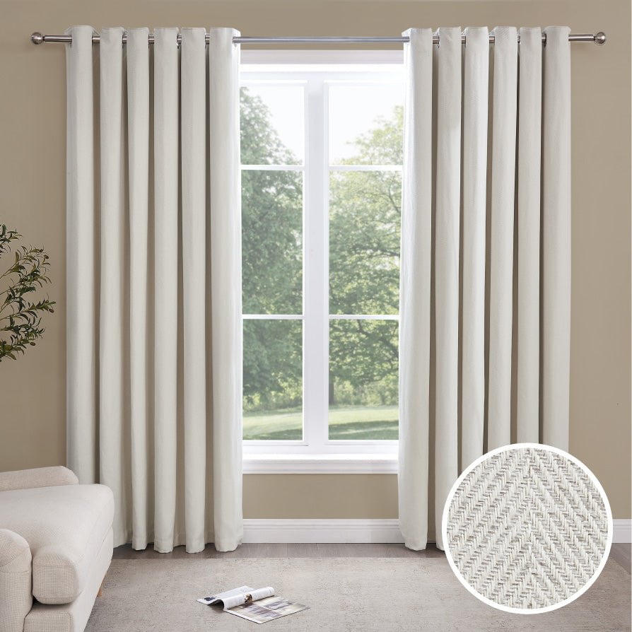 Herringbone Thermal Blackout Eyelet Curtains - Off White