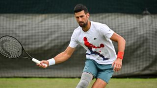 Serbia's Novak Djokovic trains for the Musetti vs Djokovic semi-final at Wimbledon 2024
