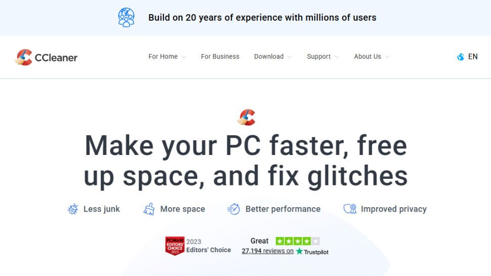 CCleaner website screenshot (February 2026)