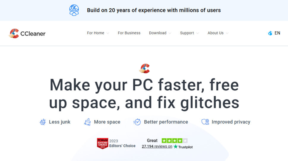 CCleaner website screenshot (February 2026)