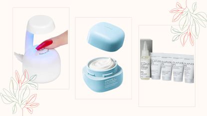 Three side-by-side beauty products a part of the Amazon Beauty sale with a person's finger under a white mini nail LED lamp on the fair right, a Laneige Water Bank Hyaluronic Moisturizing Cream in the middle, and the Olaplex Ultimate Essentials Kit on the far right