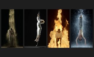Black background, four pieces of figure artwork representing earth, air, fire and water, from left: man with earth being poured on top of him, woman dressed in white tied to rope suspended in air, man sat on a chair surrounded by fire, man hung upside down by rope with water poured on top of him