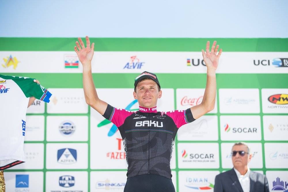 Kirill Pozdnyakov on the Tour d'Azerbaidjan podium