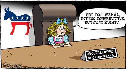Political Cartoon U.S. Democrat DNC Chairman Goldilocks not too Liberal Conservative