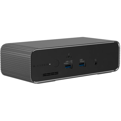 A sleek HyperDrive Next dock with USB ports and a power button, featuring a brand logo.