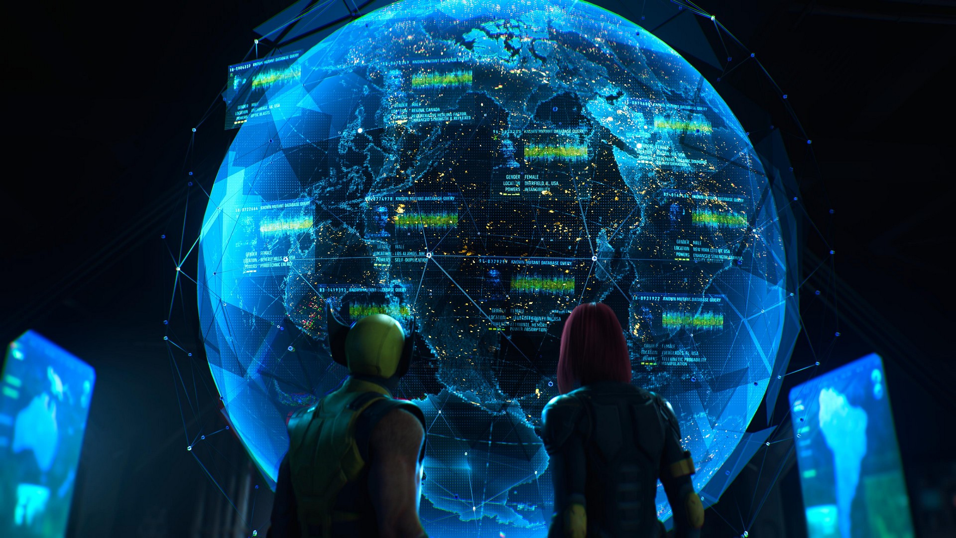 Wolverine and Mystique stare at a spherical holographic display of mutants across the globe in Marvel's Wolverine