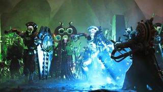A group of skeletal, metallic Necron warriors with glowing green energy weapons and shields stand in a dark, misty environment with green lighting.