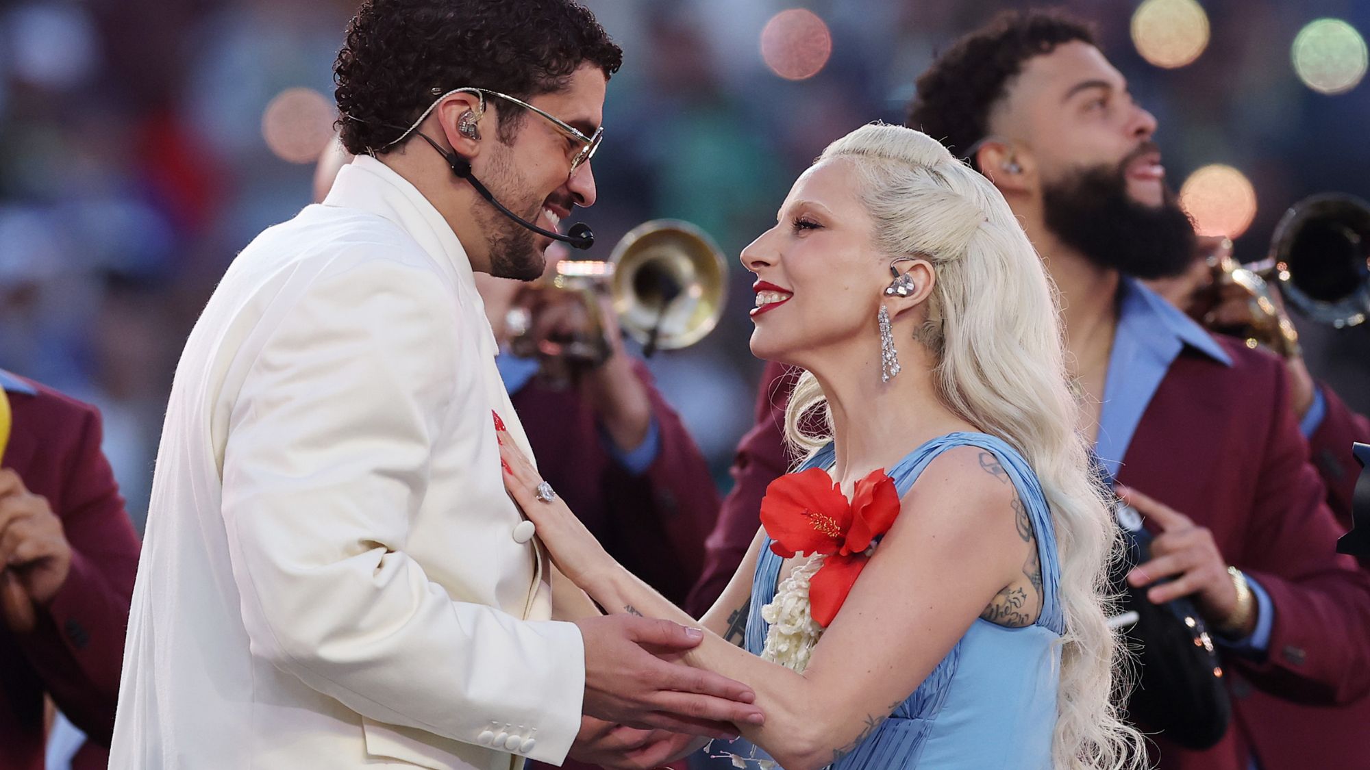 Bad Bunny and Lady Gaga perform onstage during the Apple Music Super Bowl LX Halftime Show at Levi's Stadium on February 08, 2026 in Santa Clara, California. 
