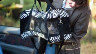 Woman carrying cat in carrier