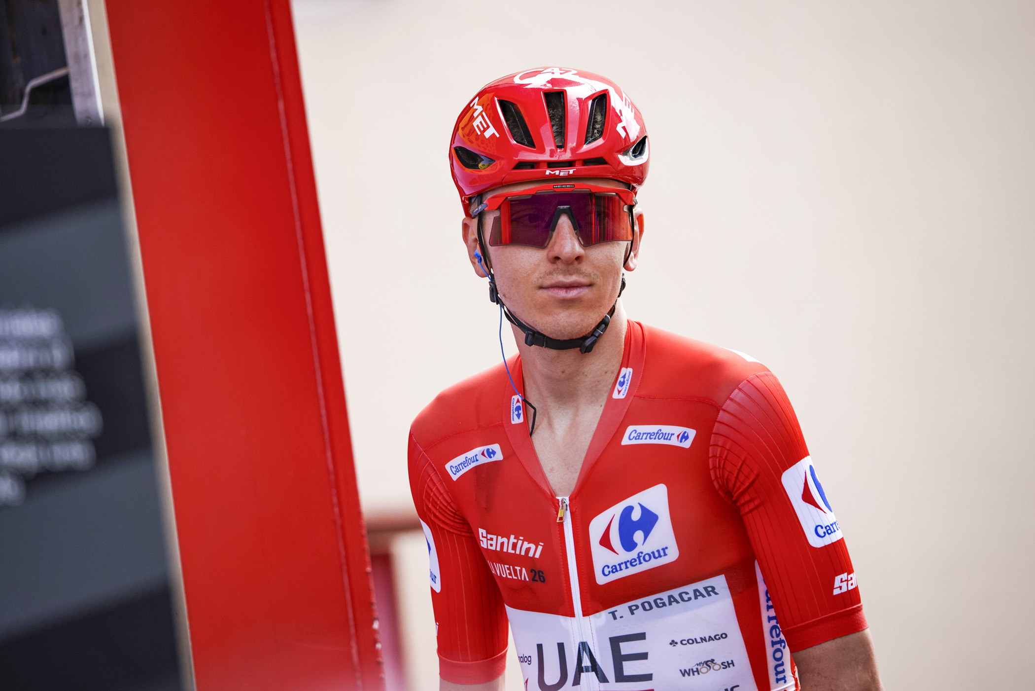 Tadej Pogačar wearing the red jersey during the 2026 Vuelta a Espa&ntilde;a