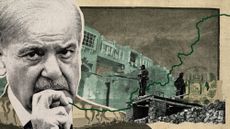 Photo collage of Pakistan's Prime Minister Shehbaz Sharif, Taliban security personnel, the Durand line, and a border building 