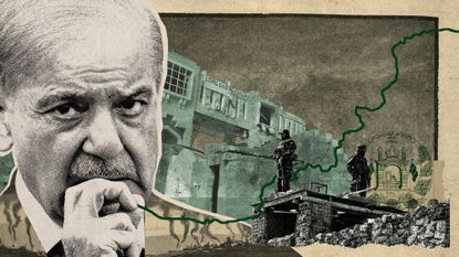 Photo collage of Pakistan's Prime Minister Shehbaz Sharif, Taliban security personnel, the Durand line, and a border building