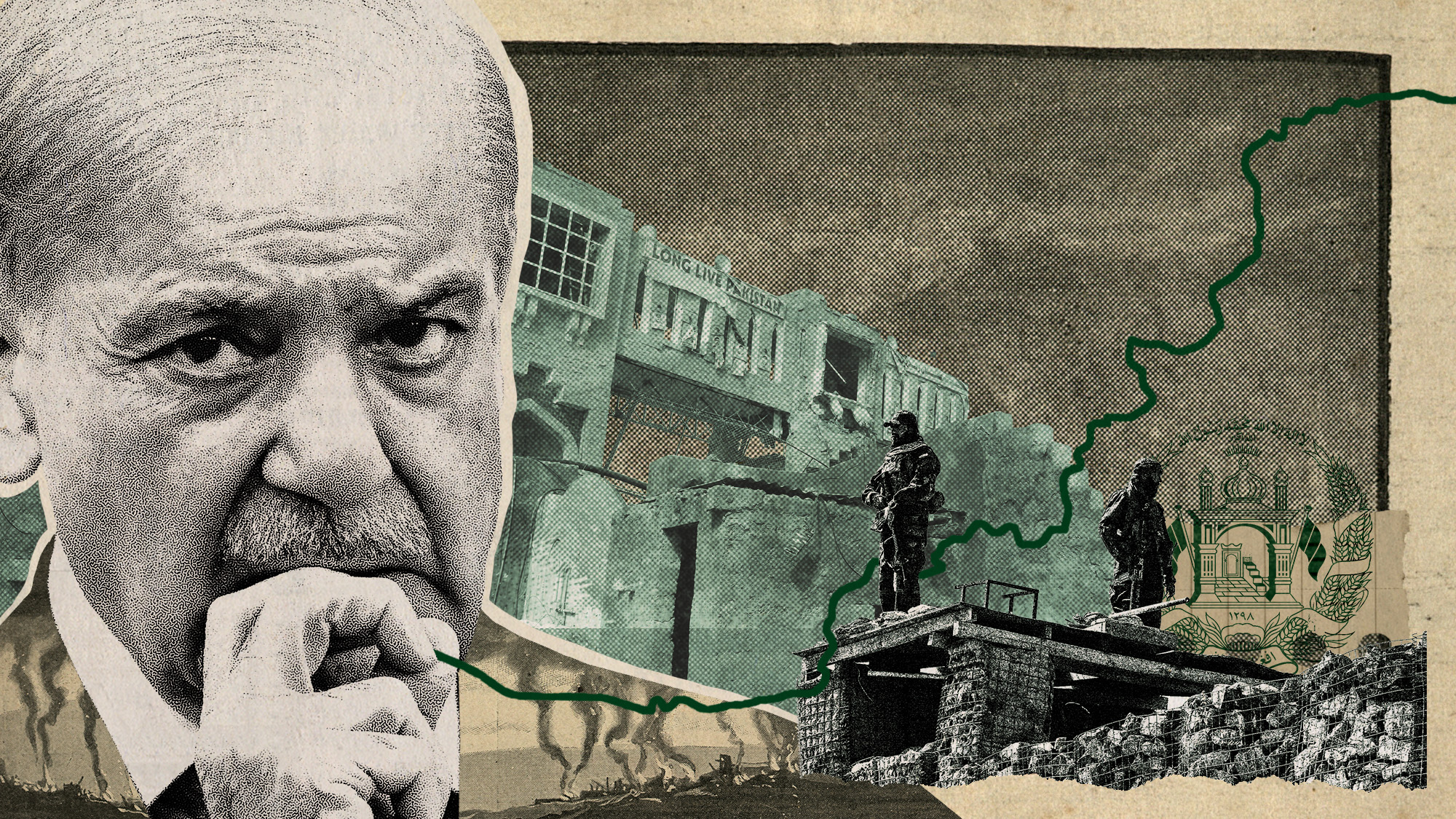 Photo collage of Pakistan&rsquo;s Prime Minister Shehbaz Sharif, Taliban security personnel, the Durand line, and a border building 