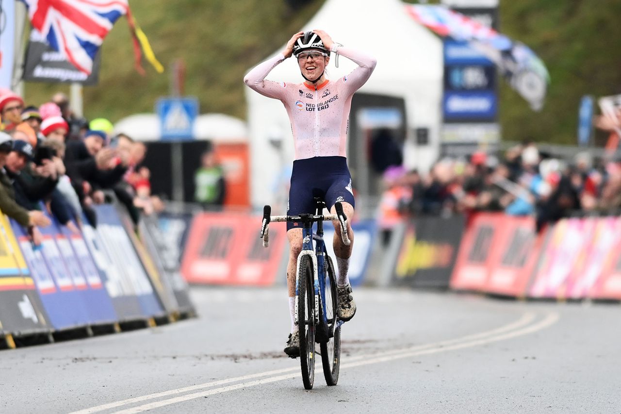 HOOGERHEIDE NETHERLANDS FEBRUARY 04 Fem van Empel of The Netherlands celebrates at finish line as race winner during the 74th World Championships CycloCross 2023 Womens Elite CXWorldCup Hoogerheide2023 on February 04 2023 in Hoogerheide Netherlands Photo by David StockmanGetty Images