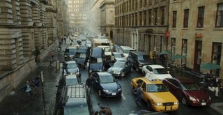 This traffic jam sequence was actually shot in Scotland, with elements of Philadelphia integrated in to the plates