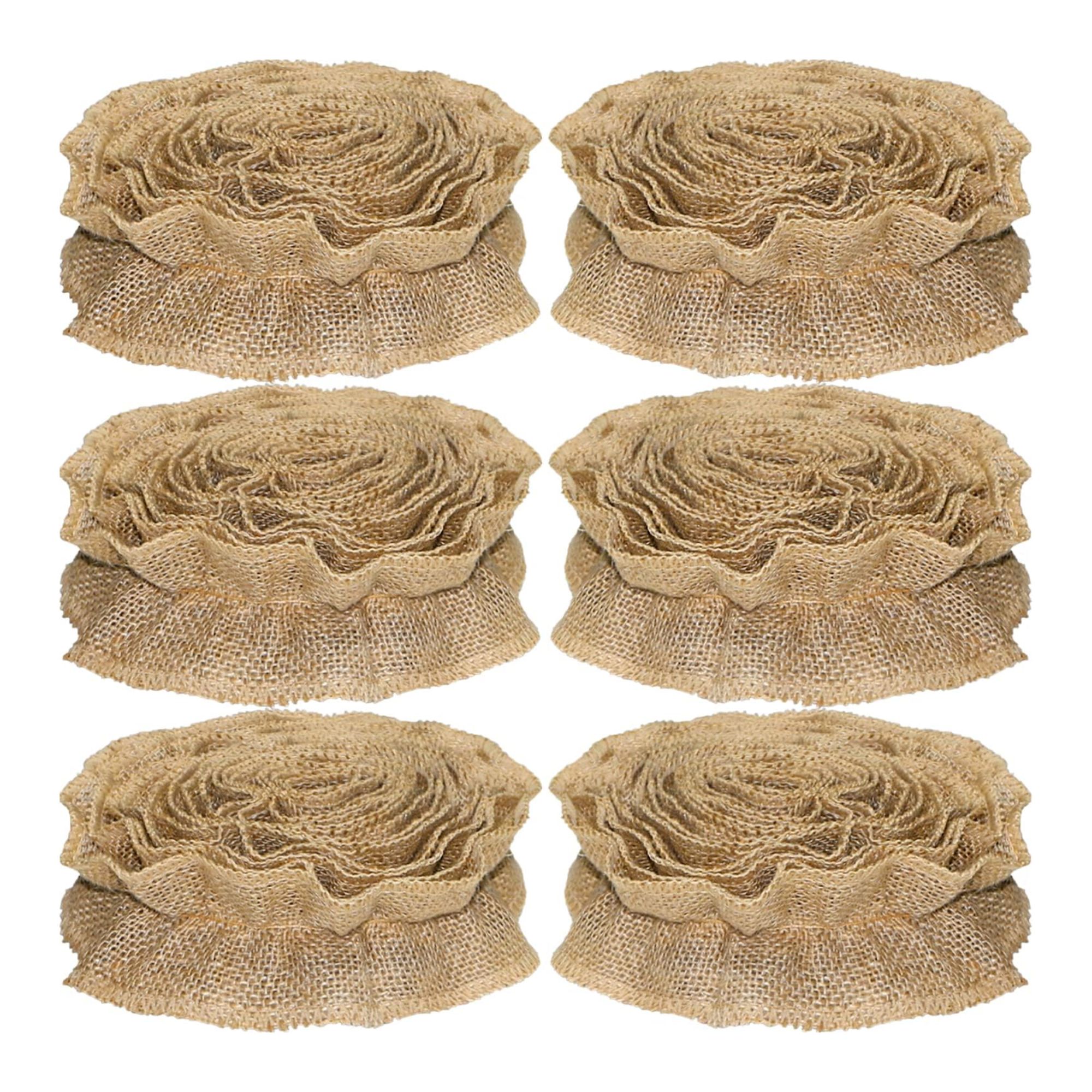 Six rolls of ruffled burlap trim