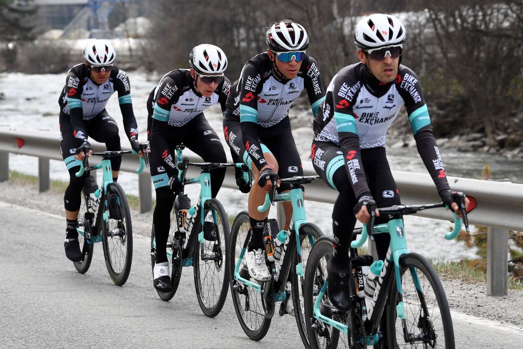 INNSBRUCK AUSTRIA APRIL 19 Mikel Nieve Ituralde of Spain Kevin Colleoni of Italy Nicholas Schultz of Australia Tanel Kangert of Estonia and Team BikeExchange during the 44th Tour of the Alps 2021 Stage 1 a 1406km stage from Brixen to Innsbruck TourofTheAlps TouroftheAlps on April 19 2021 in Innsbruck Austria Photo by Tim de WaeleGetty Images