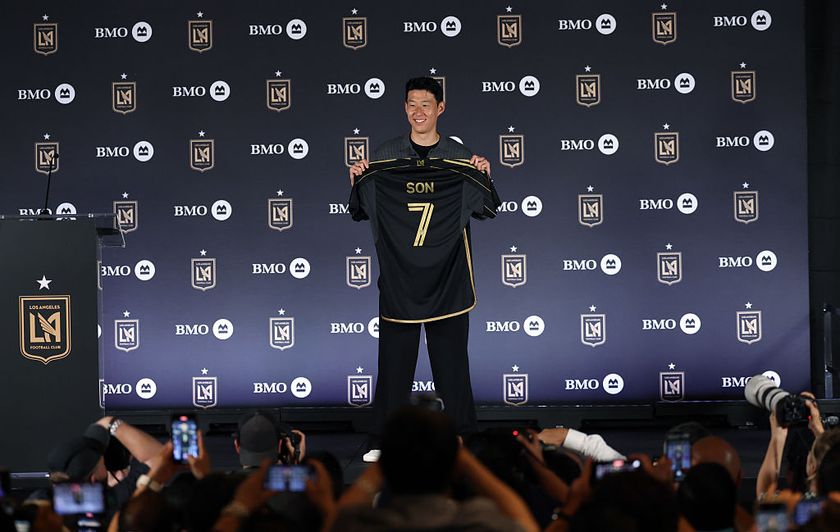 Son Hueng-Min of Los Angeles Football Club poses with his jersey after he was introduced during a news conference at BMO Stadium on August 6, 2025 in Los Angeles, California. 
