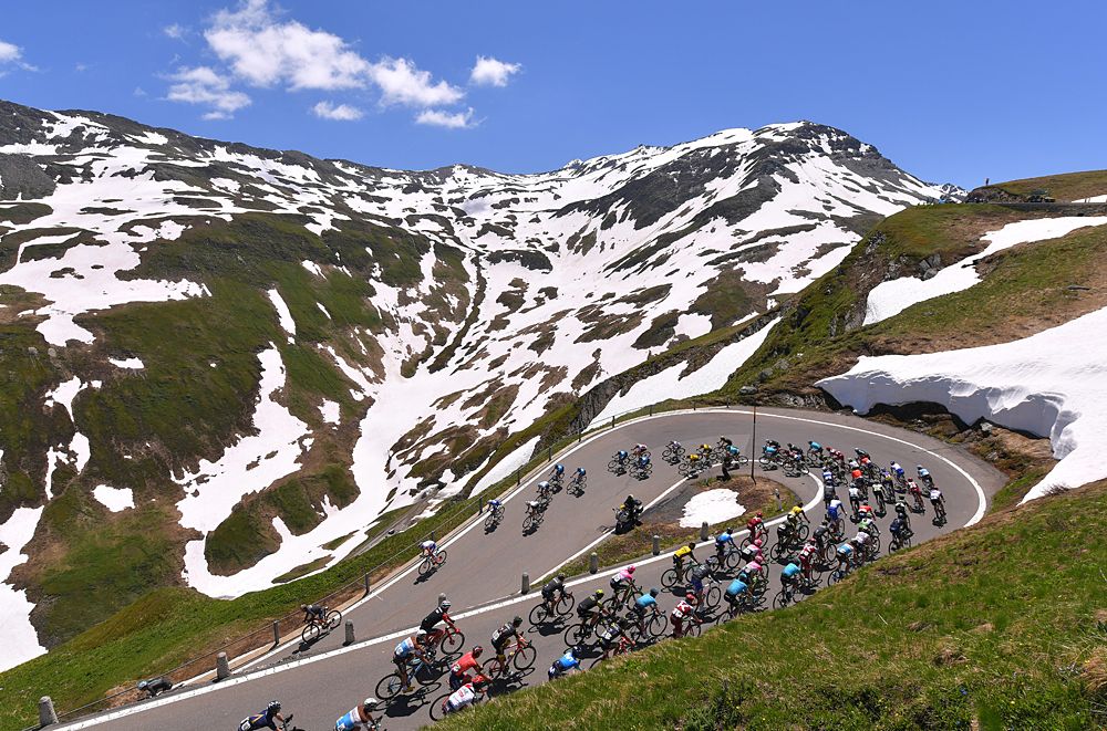 Switchbacks in the mountains of stage 6 at Tour de Suisse