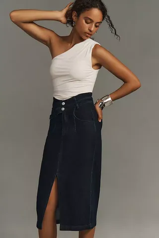 The Arden Double-Waist Midi Skirt by Pilcro