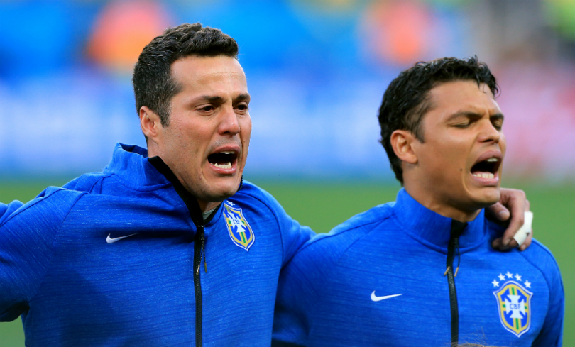 Julio Cesar and Thiago Silva belt out the national anthem