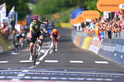 ANDALO, ITALY - MAY 27: Michael Valgren of Denmark and Team EF Education - EasyPost celebrates at finish line as stage winner during the 109th Giro d'Italia 2026, Stage 17 a 202km stage from Cassano d'Adda to Andalo 1012m / #UCIWT / on May 27, 2026 in Andalo Valtellino, Italy. (Photo by Tim de Waele/Getty Images)