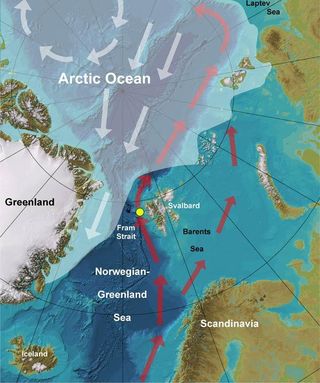 Bathymetric map of the Norwegian-Greenland Sea and Arctic Ocean (base map: www.ibcao.org). White shading marks average summer sea ice cover. White arrows mark ice drift directions. Red arrows mark transport path of warm Atlantic Water entering the Arctic where it submerges under the cold, ice-covered surface layer. Yellow spot marks coring site MSM5/5-712.