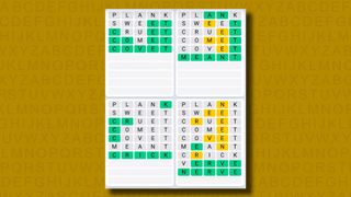 Quordle Daily Sequence answers for game 1139 on a yellow background