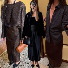 A collage featuring images of sophisticated women wearing polished outfits for fall.