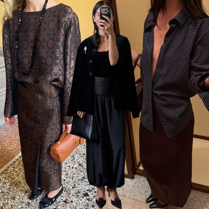 A collage featuring images of sophisticated women wearing polished outfits for fall.