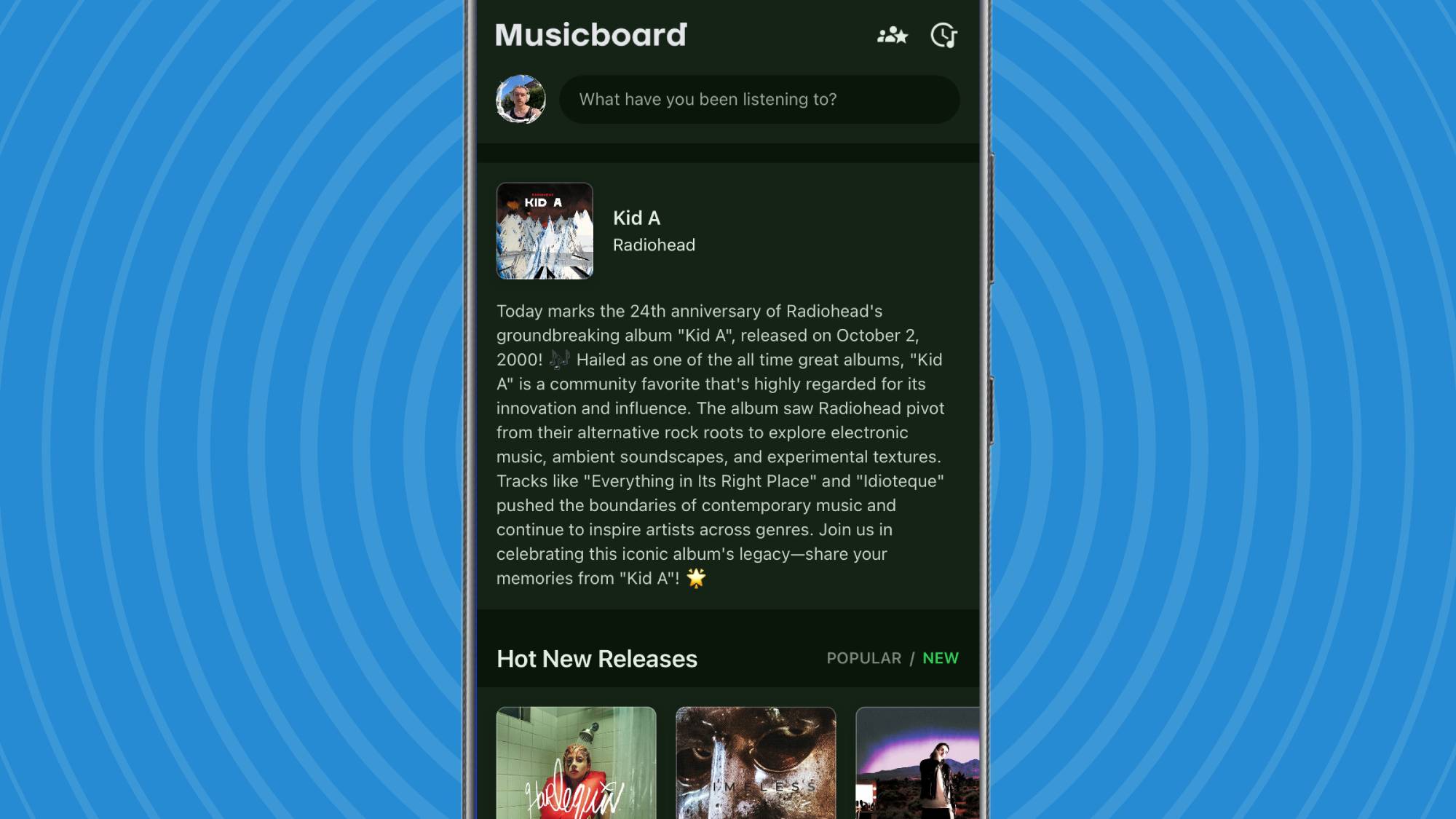 Screen shot of Musicboard's home feed