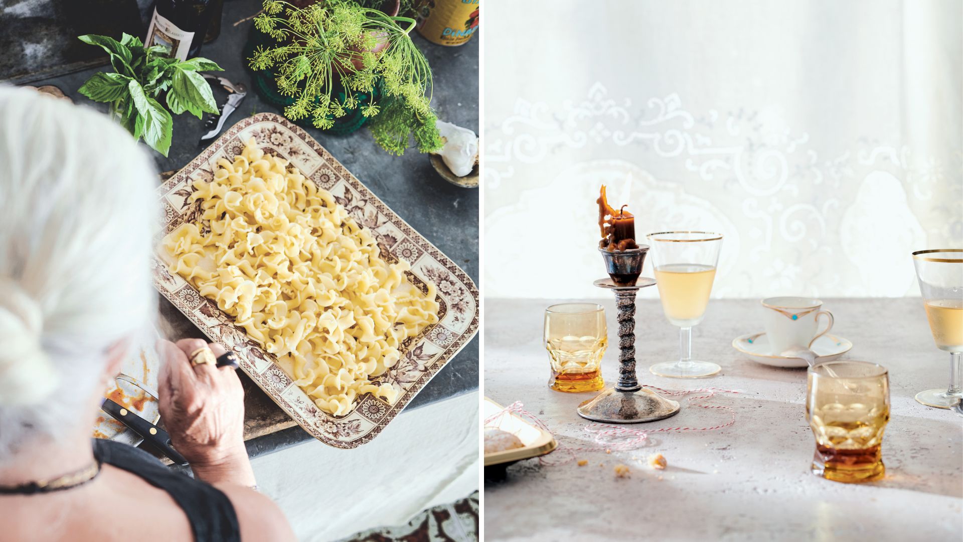 Lucinda Scala Quinn with a dish of pasta and a table with glasses, coffee cups and a candle