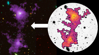 (Left) An image of the sky in the direction of the cosmic web detection (Right) The image shows the diffuse gas (red) contained within the cosmic filament connecting two galaxies (yellow stars), extending across a vast distance of 3 million light-years.