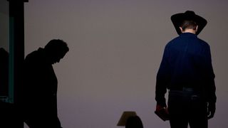 Tenor Tom Randle (L) (as Jack Twist) and bass-baritone Daniel Okulitch (R) (as Ennis del Mar) perform on stage during a press preview of the "Brokeback Mountain" Opera at the Teatro Real on January 24, 2014 in Madrid, Spain