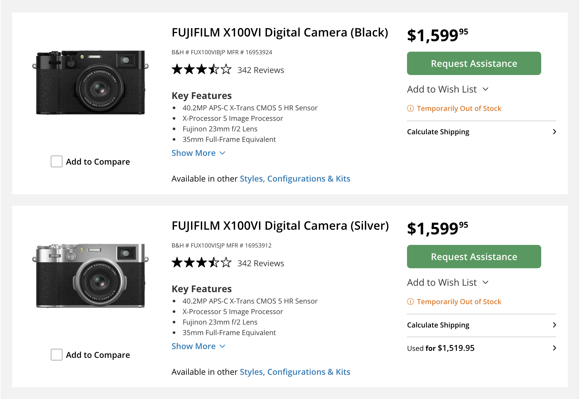 Made in Japan versions of the Fujifilm X100VI listed for sale on B&H