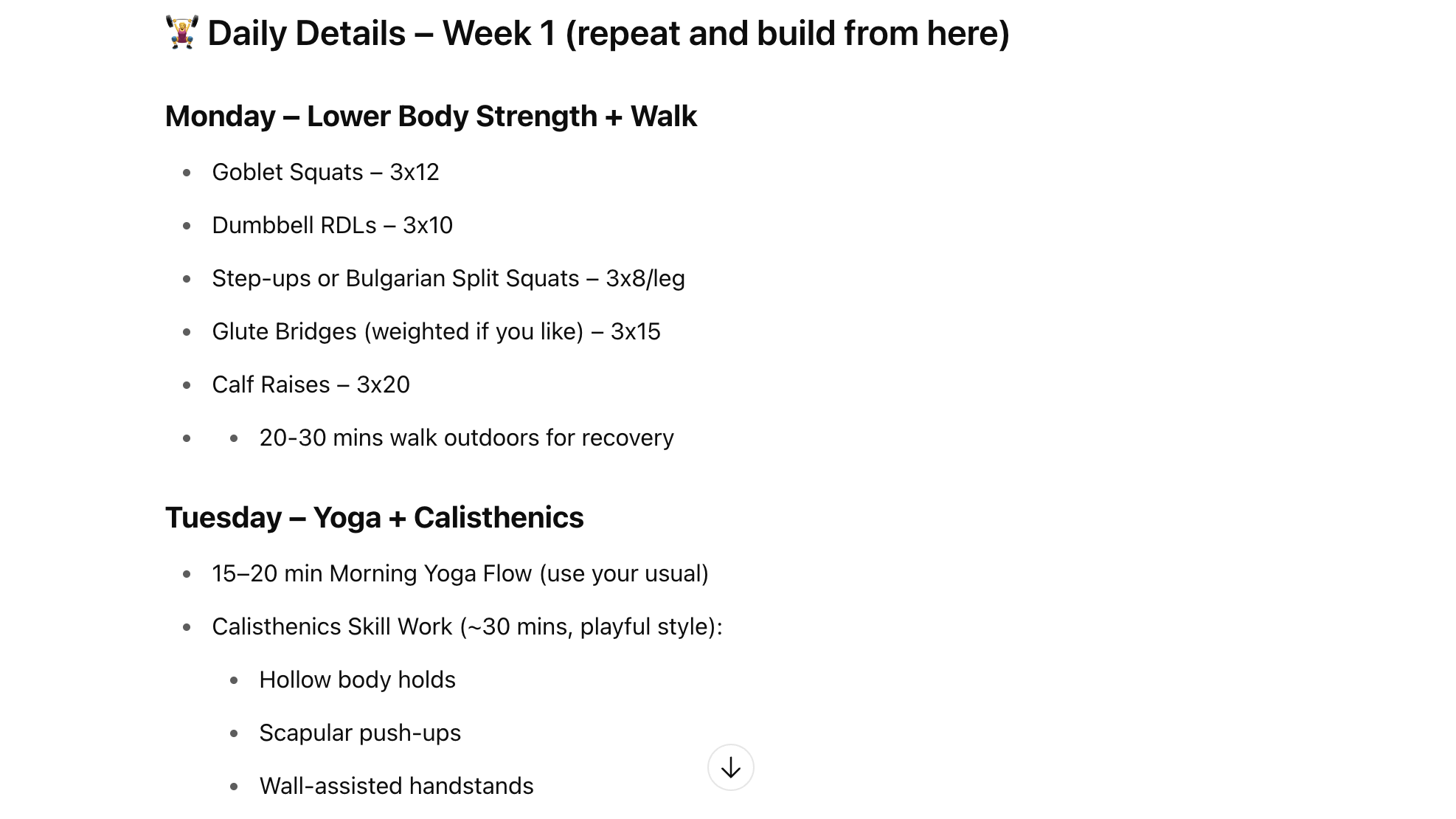 A screenshot of a workout plan created by ChatGPT directly from the ChatGPT interface. This one focuses on lower body strength training.