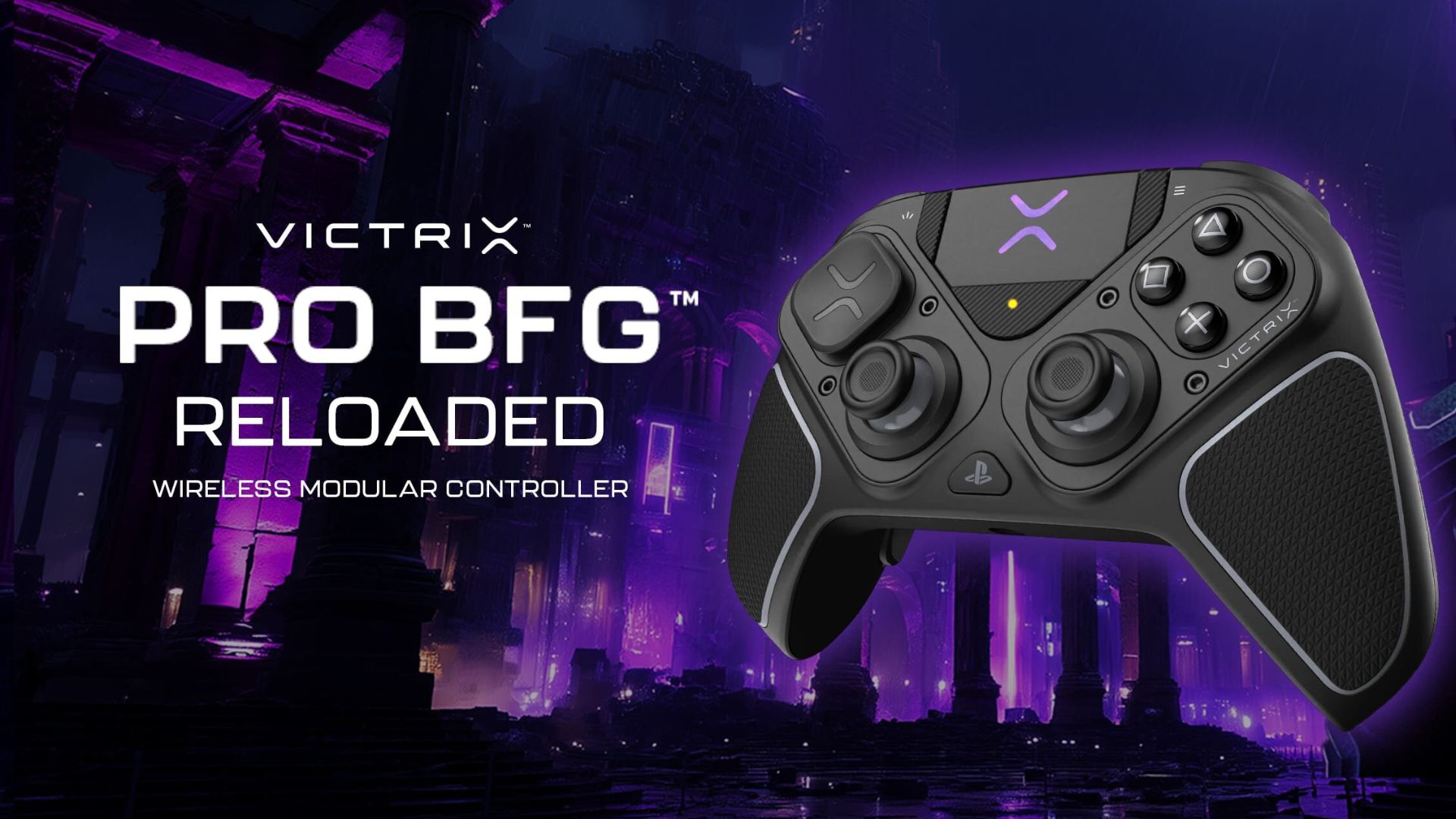 A marketing image of the new Turtle Beach Victrix Pro BFG Reloaded on a purple background