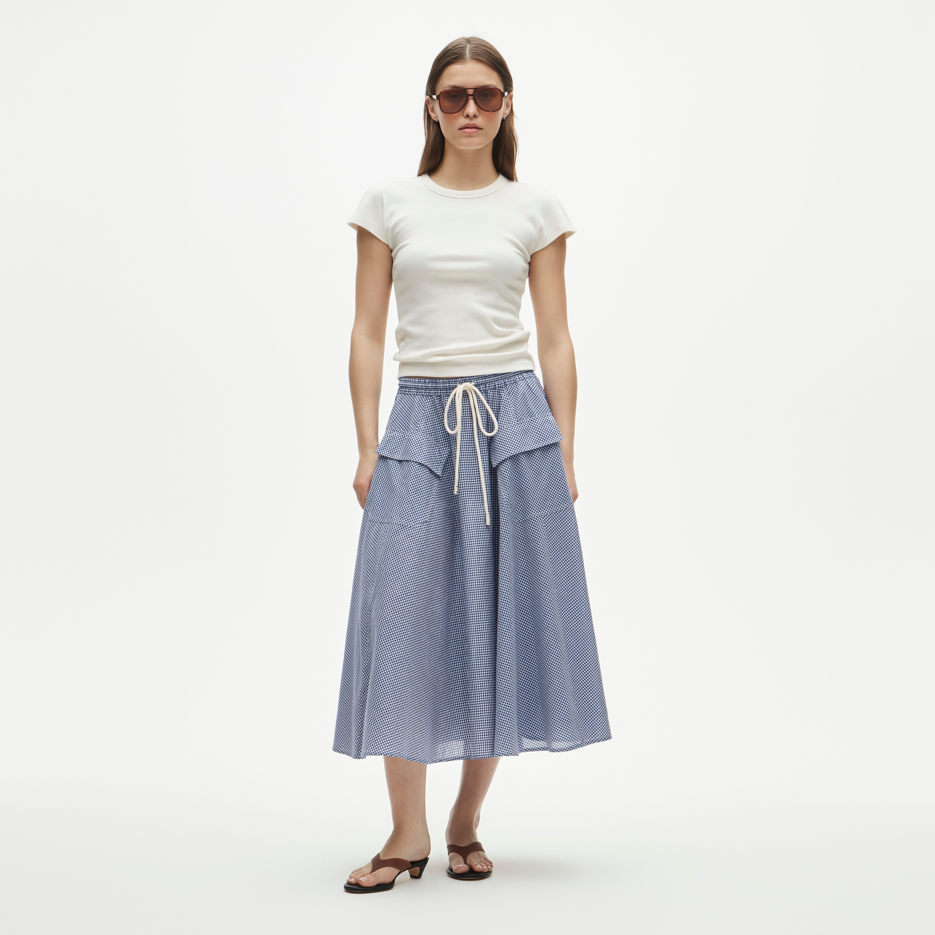 Patch-Pocket Midi Skirt in Gingham Cotton Madras