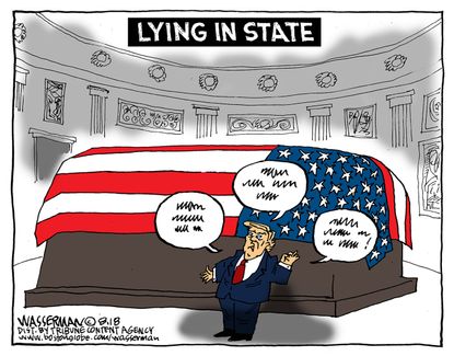 Political cartoon U.S. John McCain death Trump lying in state