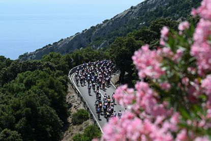 The 2022 Giro Donne peloton ascend out of Cala Gonone in the neutral section at the start of stage three