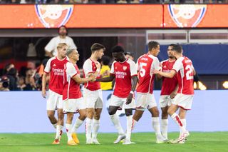 Arsenal season preview 2023/24 Leandro Trossard of Arsenal celebrates his goal with teammates during a game between Barcelona and Arsenal at SoFi Stadium on July 26, 2023 in Inglewood, California. (Photo by Trevor Ruszkowski/ISI Photos/Getty Images)
