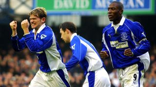 esper Blomqvist of Everton celebrates scoring his first goal in three years and scoring the winning goal during the FA Barclaycard Premiership match against Sunderland played at Goodison Park, in Liverpool, England. Everton won the match 1-0.