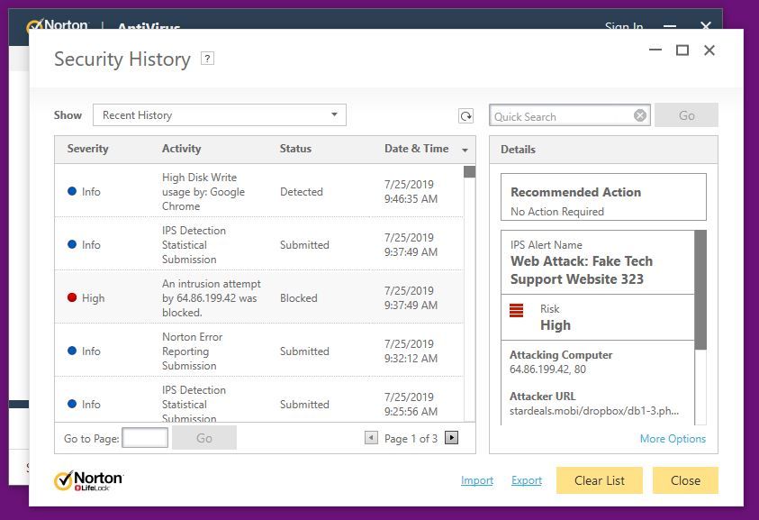 Screen shot of Norton antivirus security history on a Windows computer