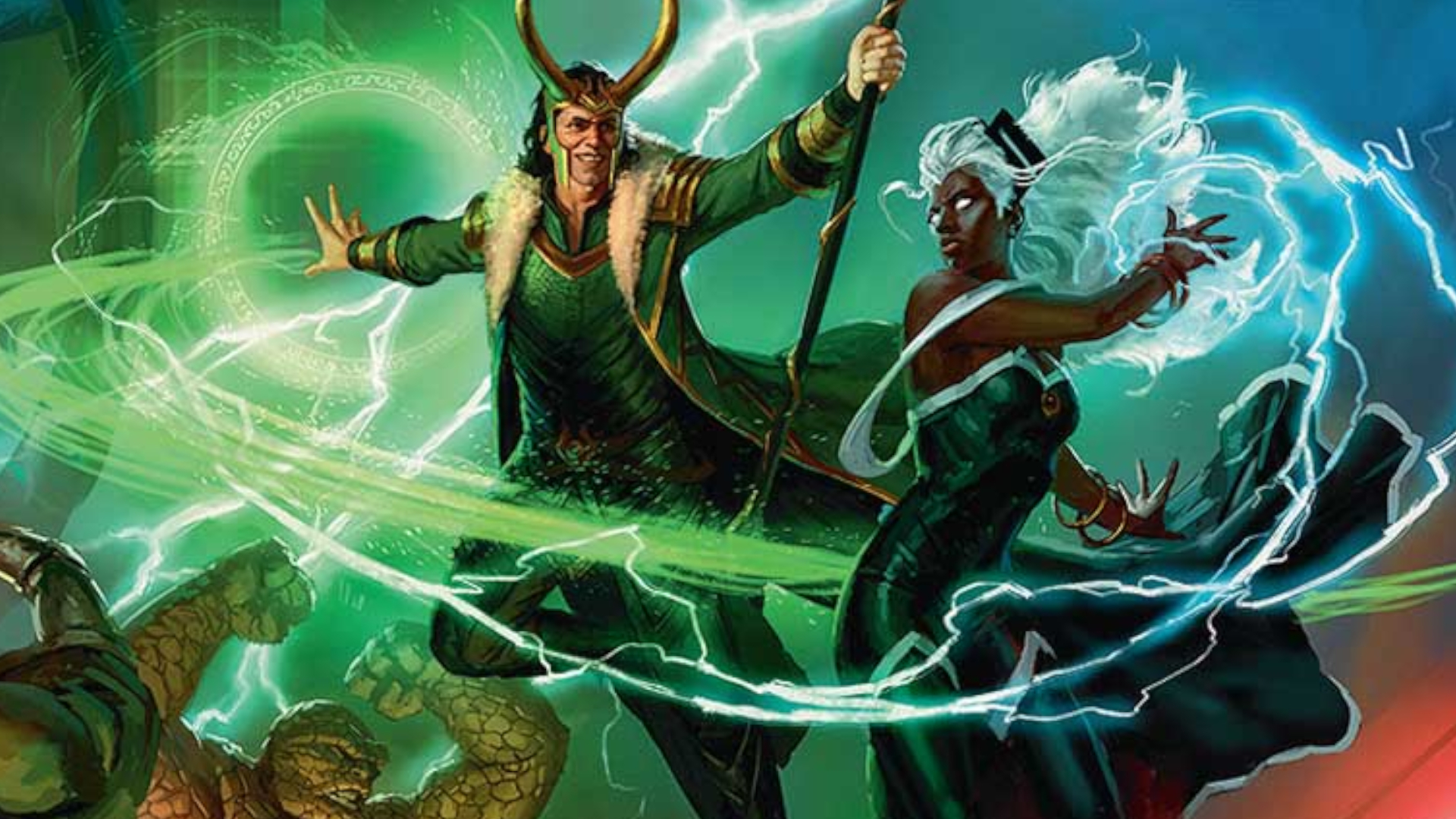 Loki fights Storm in artwork from MTG Marvel Super Heroes