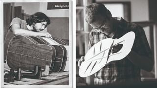 Bob Taylor (left) and Andy Powers handling in-construction Taylor guitars