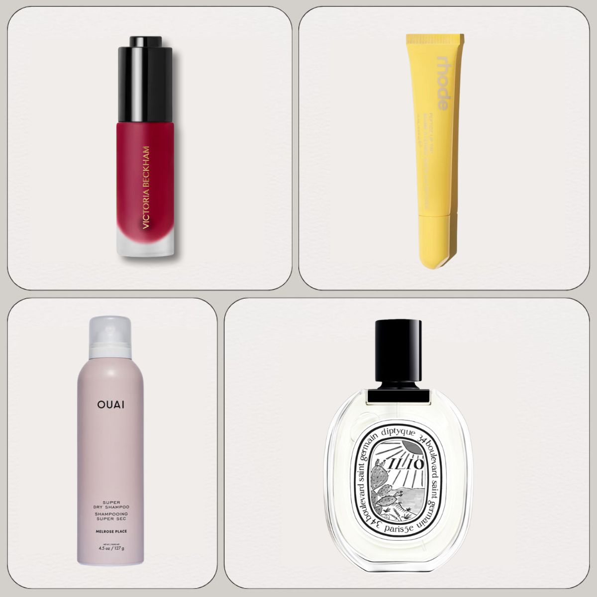 best new beauty products graphic, with Victoria Beckham , Rhode, Ouai, Diptyque beauty products
