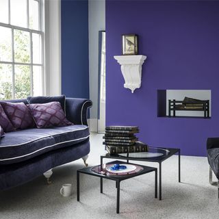 living room with couch with cushions and plush purple walls
