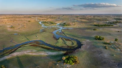 Aerial view of the beautiful waterways and lagoons of the Okavango Delta 