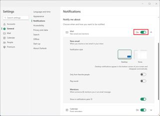 Outlook enable mail notifications