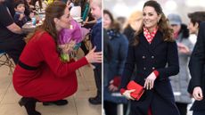 Composite of two pictures of the Princess of Wales wearing a red jumper dress, one without a coat and the other with a coat, during a visit to Wales in 2020